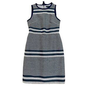 J. CREW Tweed Sheath Dress Size 4P Textured Striped Navy White Sleeveless Tie